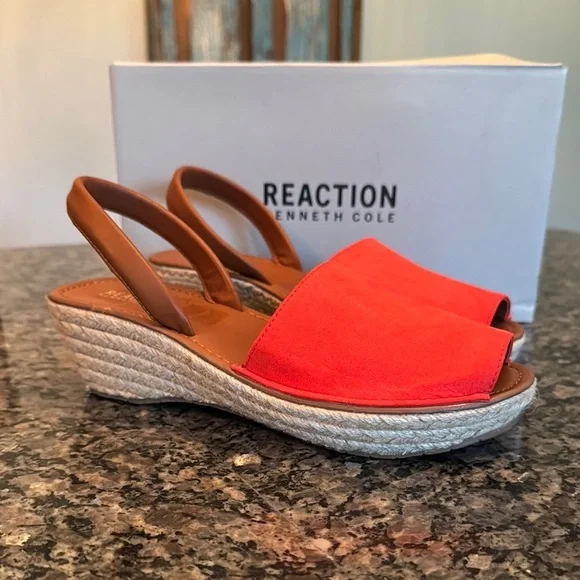Kenneth Cole Reaction Red Orange rafia Wedge Espadrilles NIB 7.5 - Picture 1 of 11